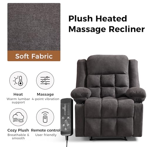 HAOMARKETS Classic Manual Recliner with Massage and Heat for Adults, Soft Fabric Recliners with Two Cup Holders, Overstuffed Heavy Duty Reclining Chair for Living Room, Grey - Thumbnail 4