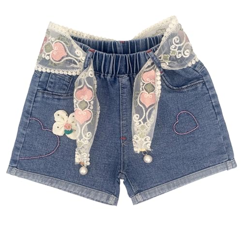 Peacolate 4-10J Little&Big Mädchen Denim Sommer Shorts Teens Elastischer Bund Herz Jeans(7-8Jahre)