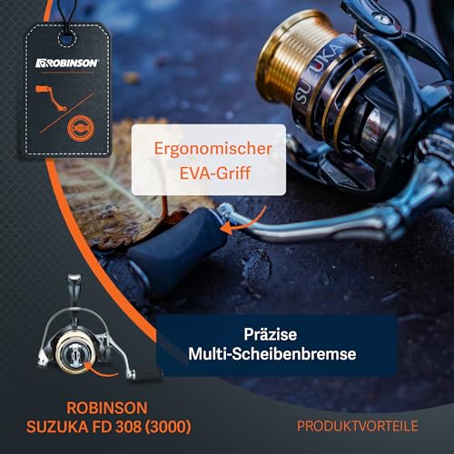 Robinson Angelrolle – Frontbremse, 8 Kugellager, Duraluminium-Spule, 5.2:1, ideal zum Angeln auf Hecht und Wels – Suzuka (3000)