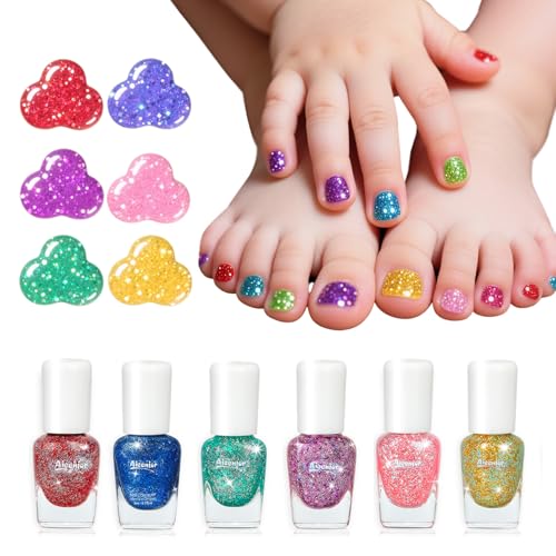 Aieenjor Lot de 6 vernis à ongles amovibles à base d'eau - Couleurs pailletées - Vernis à ongles pour enfants et filles - Non toxique - Séchage rapide -...