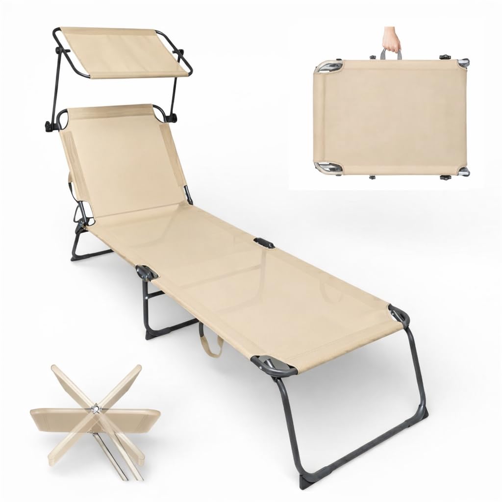 Lettino Prendisole Pieghevole con Parasole Regolabile, Brandina da Giardino e Spiaggia in Textilene Traspirante e Acciaio Verniciato, 4 Posizioni, Salvaspazio con Maniglia (1, Beige)