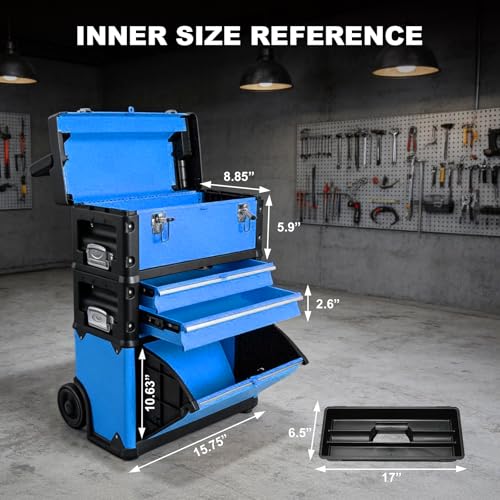 Image of Stackable Rolling Tool Box Portable Metal Toolbox Organizer with Wheels and 2 Drawers Separate Rolling Upright Trolley Tool Chest for Garage or Workshop, Blue