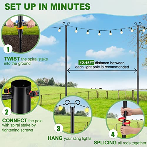 10Ft Outdoor String Light Pole With Spiral Ground Stake, Heavy Duty Rustproof Metal Lighting Stand Post For Outside Patio, Garden, Backyard, Bistro, Beach, Wedding, Christmas, Party Matte Black #TOP4