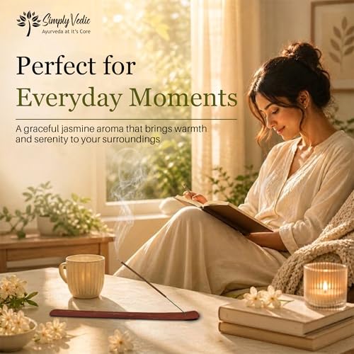 Image of Simply Vedic Luxe Jasmine Incense Sticks (50 Sticks) Hand Rolled Masala Agarbatti with Holder | Natural Long Lasting Fragrance for Puja Home Fragrance Meditation Floral Aroma Low Smoke