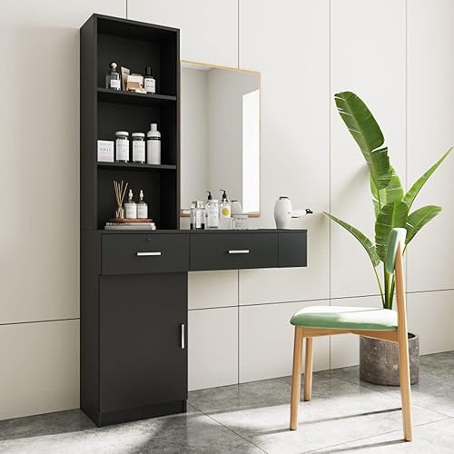 Miniatura 2 de Yoluckea Estación de salón de madera moderna para montar en la pared, gabinete de salón de belleza, peluquería con cajones y estantes de