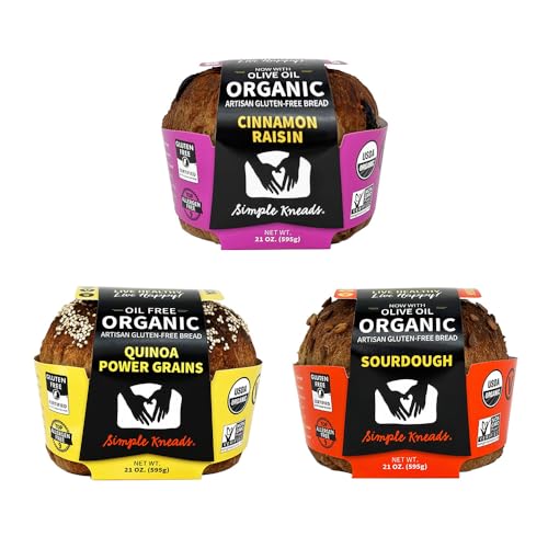 Simple Kneads Gluten-Free Bread Sweet Variety 3 Pack – Swirly Cinnamon Raisin, Quinoa Power Grains, and Sourdough – Organic, Top 9 Allergen-Free, Artisan-Style Loaves-Extra Virgin Olive Oil