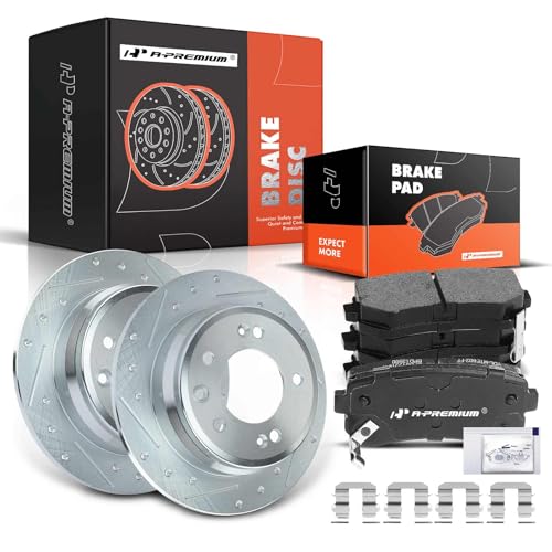 A-Premium 10.31 inch (262mm) Rear Drilled and Slotted Disc Brake Rotors + Ceramic Pads Kit Compatible with Select Hyundai and Kia Models - Elantra 2011-2012, Tucson 2010-2015, For Sportage 2011-2016
