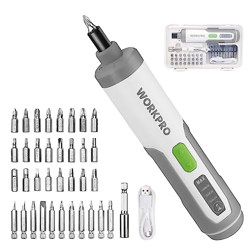 WORKPRO 4V Electric Screwdriver Rechargeable Cordless Screwdriver Set with 35 Bits Extension Rod USB Charging Cable in Carrying Case LED Light White Gray