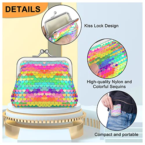 Change Purse 2 Packs, Nylon Coin Purse for Women and Girls, Double Sided Sequin Coin Purses Coin Wallet with Kiss Lock Closure, Colorful Coin Pouch for Change, Keys, Lipstick3