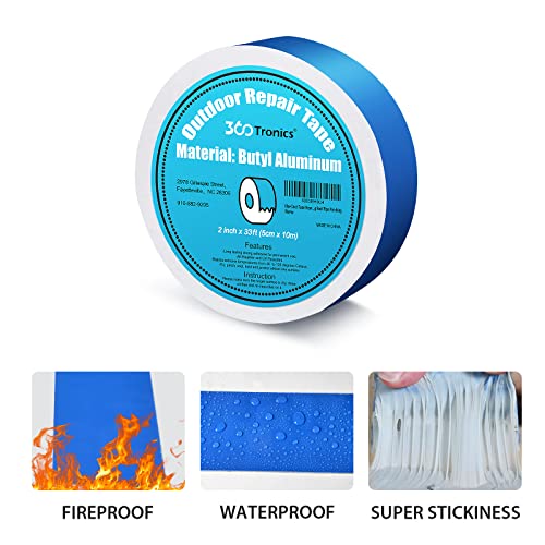 360Tronics Blue Duct Tape Heavy Duty Waterproof 2" X 33Ft, All Weather Leak Proof Repair Butyl Rubber Coile, Aluminum Foil Tape For Proof Rv Repair Window Glass Boat Sealing Roof Pipe Patching #TOP2