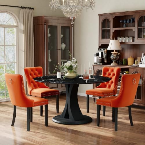 Image of 5-Piece Dining Table Set for 4 with 47 In Black Faux Marble Round Table | Circle Dining Room Table with 4 Velvet Upholstered Chairs, Modern Scandinavian Furniture for Dining Room Kitchen (Orange)