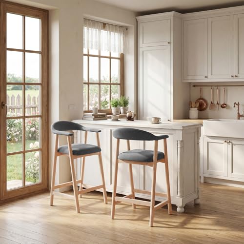 Image of 26 inch Bar Stools Set of 2, Upholstered Counter Stools, Modern Linen Counter Height Bar Chairs with Backs and Arms, Wood Legs and Footrest, for Kitchen Counter, Island, Dining Room, Grey