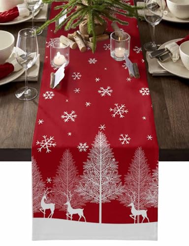 Christmas Forest Elk Table Runners 72 inches Long, Farmhouse Linen Winter Holiday Table Runner, Pine Snowflake Red Table Cloth Dresser Scarves for Dinning Tables Party Home Decor Xmas Decorations
