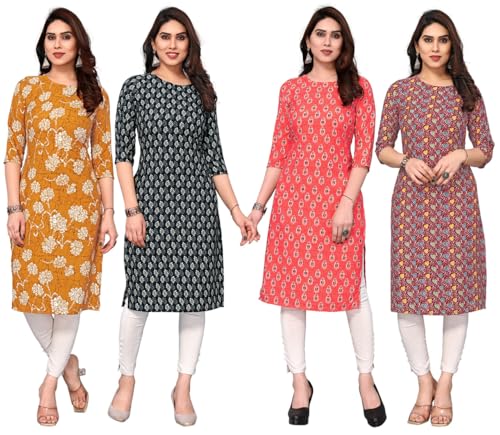 Image of JAKHANA Women's Crepe Printed Casual Straight Calf Length Round Nick Kurta Pack of 4