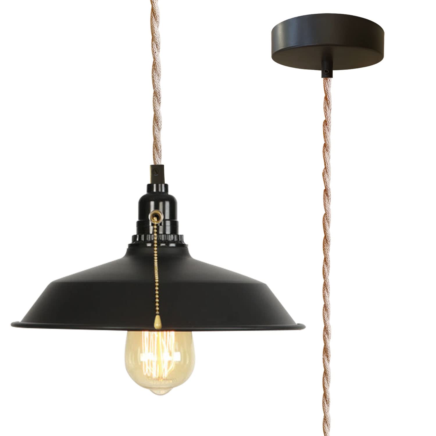Buy Industrial Farmhouse Pull Chain Pendant Light Adjust Height Hemp