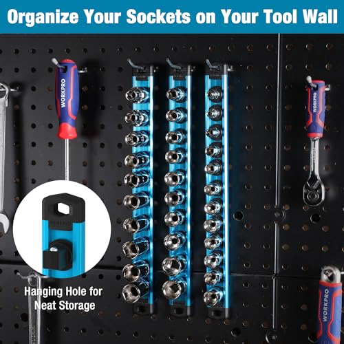 Image of WORKPRO Magnetic Socket Organizer, Heavy Duty 1 /4-Inch Drive Socket Rail | Aluminum Alloy, 12 Pieces Clips, Rotatable & Movable Clips, Efficient Organization
