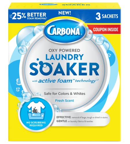 Carbona® Oxy Powered Laundry Soaker with Active Foam Technology | Powerful Stain Remover | Chlorine Bleach Free | Safe on Colors & Whites | 5.3 Oz (1 Pack (3 Sachets))