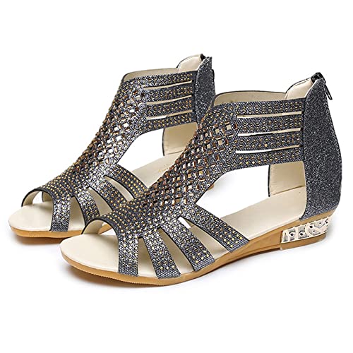 Sandalias Gladiators de cuña baja para mujer, sandalias con cremallera trasera, sandalias bohemias con diamantes de imitación, sandalias de punta abierta, sandalias romanas vintage con correa hueca