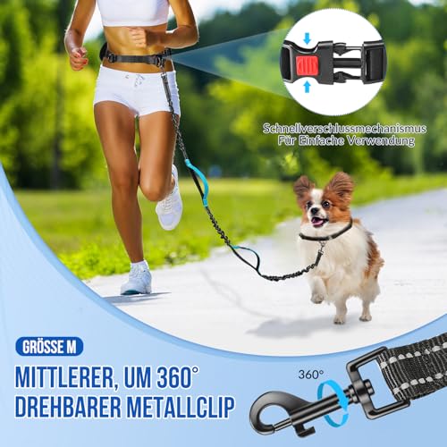 Eyein Joggingleine mit Bauchgurt für kleine und mittelgroße Hunde, verstellbar Freihandleine mit Reflektierend Elastisch Laufleine und Dual Griffe zum Joggen und Walken, M für einen Hund