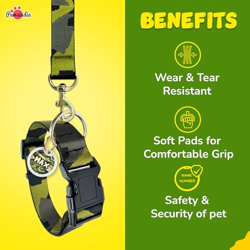 Image of Pawsindia Leash and Collar with Name Tag for Dogs, Army Print with 1.5 Inches Width Adjustable Collar and 4 Feet Heavy Duty Leash with Customize Nametag,Nylon