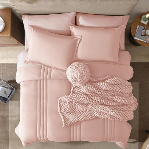 Image of Monbix Queen Comforter Set - 7 Pieces Light Pink Bed in a Bag Queen Bedding Sets with Comforters, All Seasons Comforter Bed Set with Sheets, Pillowcases & Shams