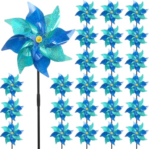 Threlaco 24 Pcs Blue Reflective Pinwheels with Stakes Abuse Prevention Large Plastic Foil Reflective Windmill Bird Deterrent Wind Spinners for Colon Cancer Garden Lawn Yard Patio Holiday Decor