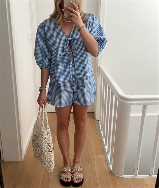 Image of Thopavenoir Women 2 Piece Casual Lounge Sets Y2k Puff Sleeve Peplum Shirt Tie Front Tee Shirt Shorts 2pcs Pajamas Sets