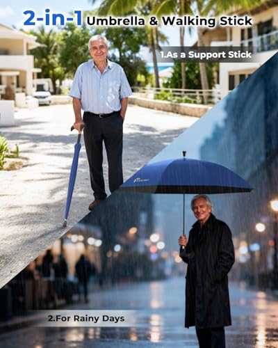 Image of ANYCHO Walking Cane Umbrella for Rain, Thick Double-Branch Umbrella for Elderly with Auto Open, Outdoor Hiking and Mountain Climbing