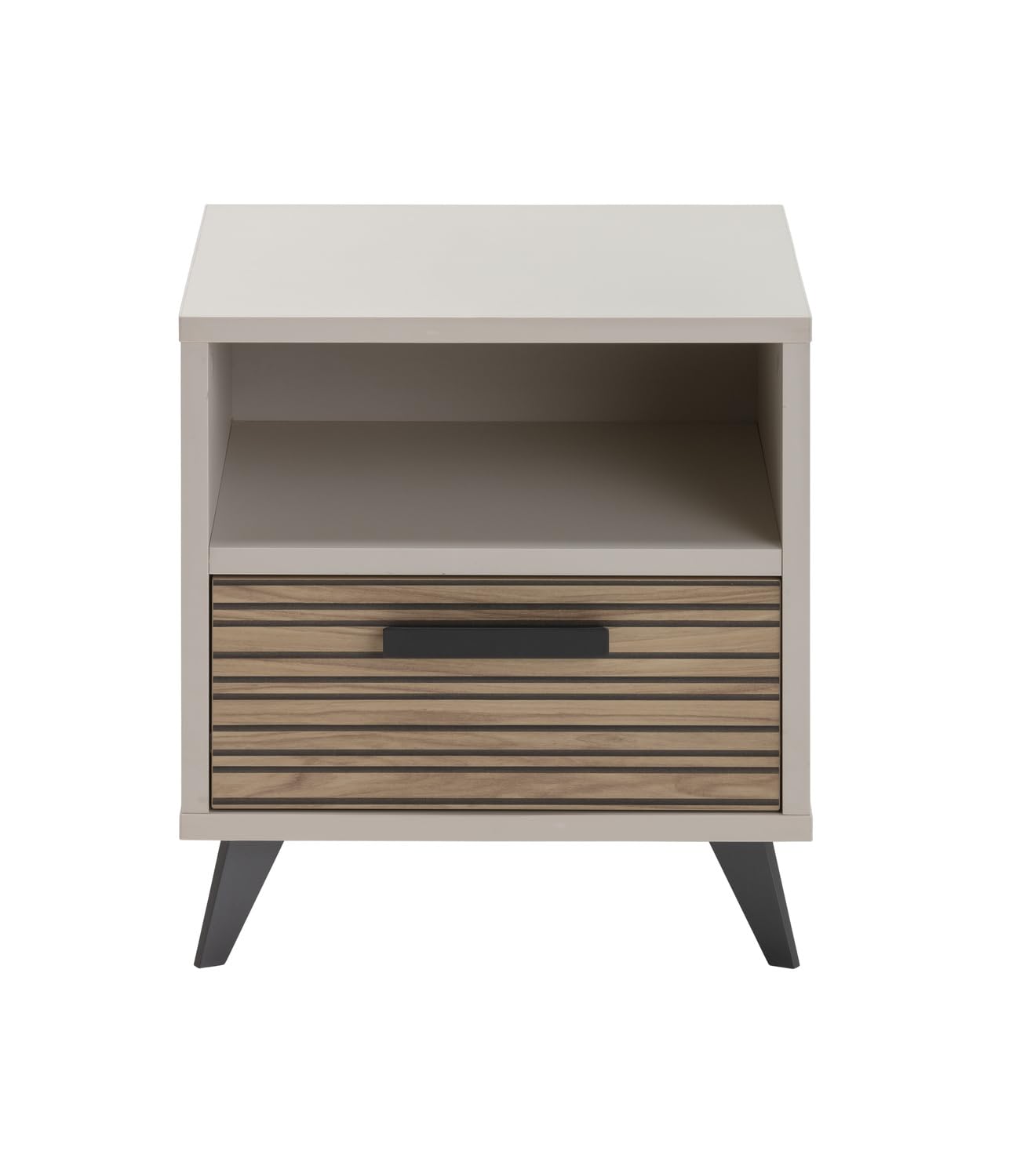 Composad | Comodino con 1 cassetto e 1 Vano Aperto della Linea Bravo per Camera da letto o Cameretta, (LxAxP): 50,4x55,5x40,5 cm, Colore Grigio Cashmere Topmatt e Strippedwood - Made In Italy