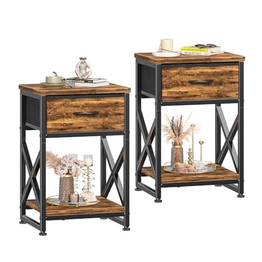 Simple Trending Side Table, End Table Living Room Set of 2, Beside Table with Fabric Drawers, Rustic Brown