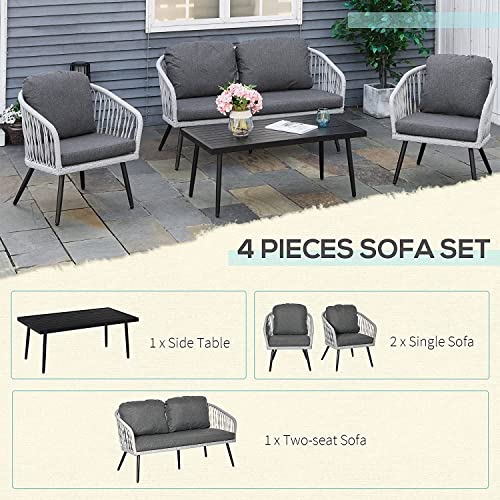 Image of LOCCUS 4 Piece Outdoor Rattan Patio Furniture Set, Garden Sofa Set with 2 Single Chairs, 1 Loveseat & Tempered Glass Coffee Table, All-Weather Wicker Conversation Set with Cushions for Backyard (Grey)