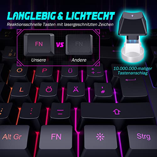 Gaming Tastatur PC, PS4 Tastatur USB, Regenbogen Beleuchtete Tastatur LED, Langlebig, Ergonomisch, Wasserdicht, Leise Tasten, Gaming Keyboard ideal für PC Mac Xbox PS4 Gamer|Büro(Deutsches Layout) – Bild 6