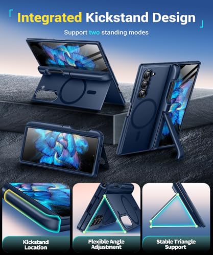 Image of BERFY for Z Fold 6 Case with Screen Protector, [Compatible with MagSafe] Built-in Kickstand & S Pen Slot & Hinge Protection, Full Body Shockproof Phone Case for Samsung Galaxy Z Fold 6, Blue