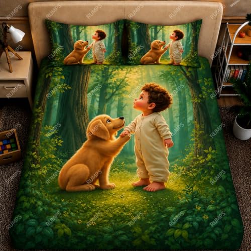 Image of RUMPS 7D Digital Printed King Size Bedsheet | Premium Microfiber Bedding Set with 2 Pillow Covers, Magical Forest Baby & Puppy Theme