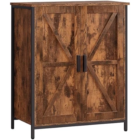 WEENFON Storage Cabinet with 2 Doors & 1 Shelf, Farmhouse Storage Cabinet with Metal Frame, Floor Cabinet for Living Room, Rustic Brown Cover