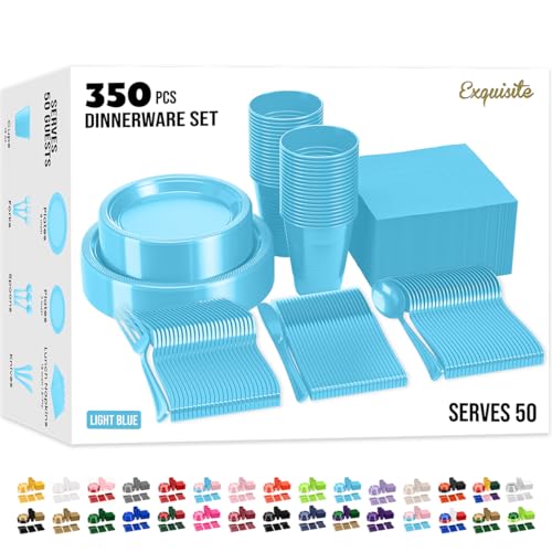 Image of Exquisite 350 Pcs Light Blue Plates and Napkins Party Supplies Plate Sets | Sturdy Plastic Dinnerware Set With 9 inch & 7 inch Plates, 12 Oz Cups, Lunch Napkins and Cutlery Serves 50 for Birthdays & Everyday