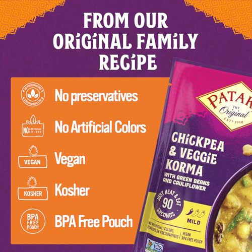 Image of Patak's Chickpea & Veggie Korma - Mild Creamy Coconut Based Indian Curry with Chickpeas, Green Beans & Veggies - Vegan Microwave Meal for Quick Dinners - Serve with Rice or Naan - 10.5oz (Pack of 6)