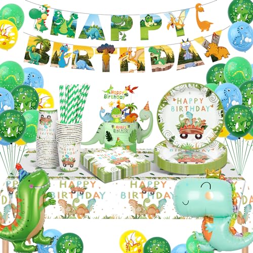Conjunto de festa de dinossauro, 89 peças pratos aniversário dinossauros, decorações festa de aniversário dinossauro, com pratos e copos para aniversário para crianças aniversários Baby Showers