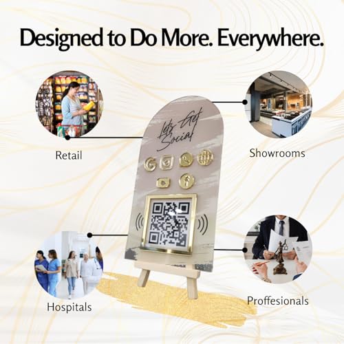 Image of Combo Standee 5-in-1 | NFC & QR Enabled | Connect Review, Instagram, Facebook, YouTube, WhatsApp & More | Share Bio Link Instantly | 5x8 Inch Golden Premium With Wooden Stand