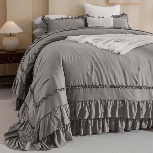 Image of QSH Grey Oversized King Comforter Set 120x120, Farmhouse Ruffled Bed Comforter Gray French Country Rustic Vintage Comforter Microfiber Soft Lightweight Fluffy Shabby Bedding 3 PCs