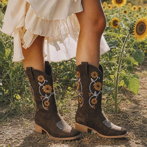 Image of Cowboy Boots for Women - Mid Calf Western Sunflower Cowgirl Boots with Floral Embroidery, Square Toe Stitched Pull On Retro Design, Perfect for Country Idyll, Concerts and More