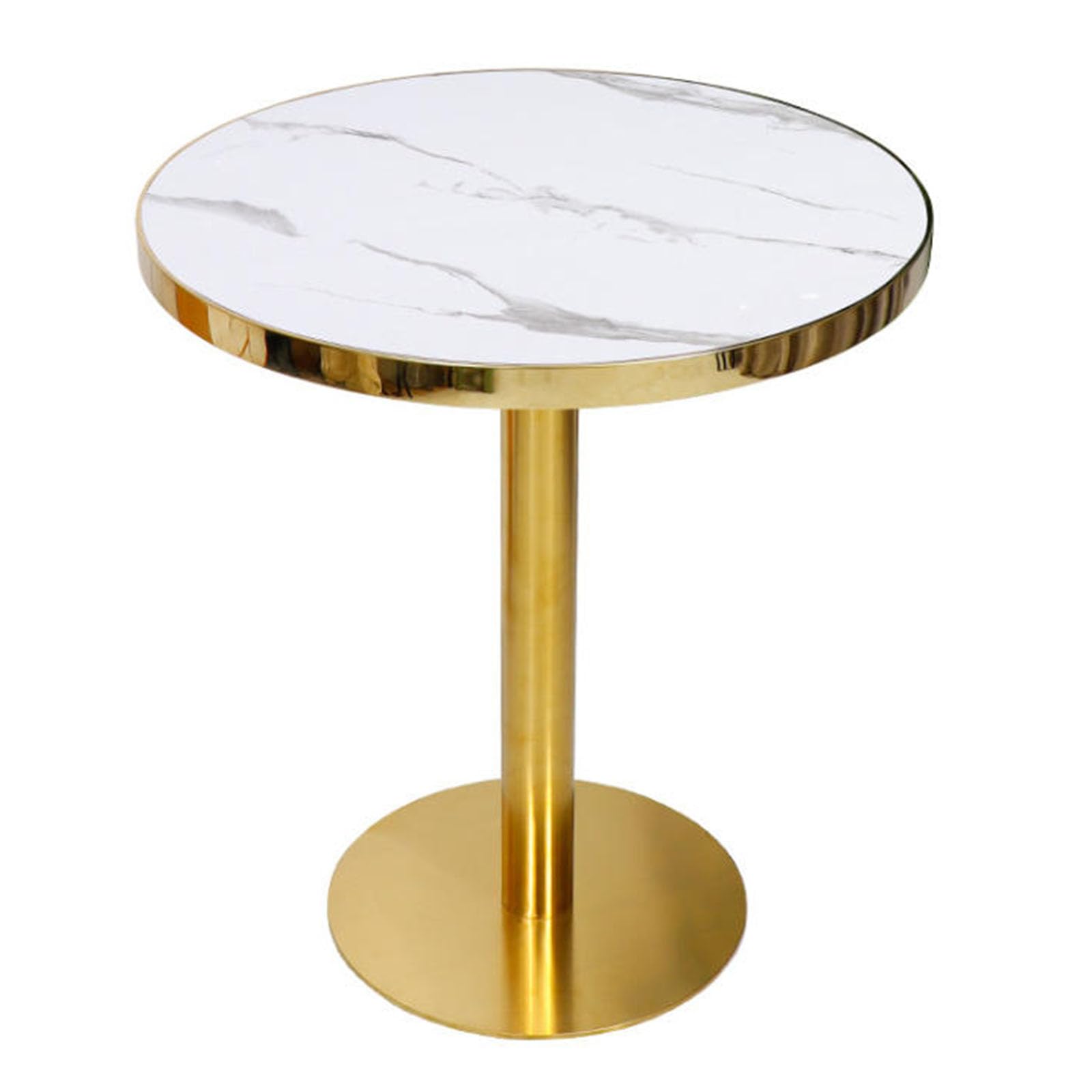 JHAISMAO Stone Effect Round Pedestal Dining Table Tulip Kitchen Dining Table For 2-4 People With Thick Sintered Stone Top, Titanium Golde Pedestal Base(Size:70cm,Color:White)