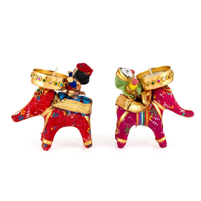 Image of JH Gallery Tealight Candle Holder - Handmade Recycled Material Elephant Rider Rajasthani Dolls for Diwali Home Decor, Multicolor- Home Decoration Items for Living Room, Ganesh Decoration, (1 Pair)