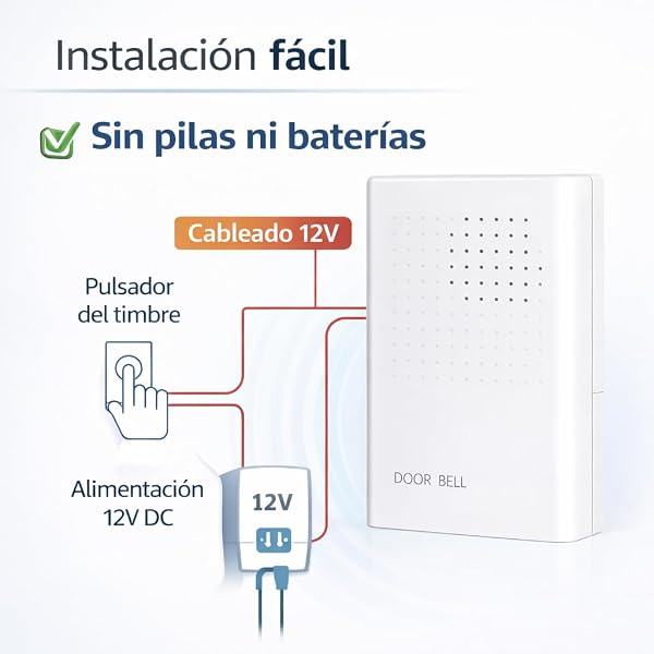 Rasmacor | Timbre 12V con Cable para Puerta – Timbre Eléctrico Ding Dong Bajo Voltaje DC 12V, Interior, Sonido Claro y Potente, Instalación Fácil, Resistente Agua ABS, Timbre Cableado Hogar Vivienda - 3