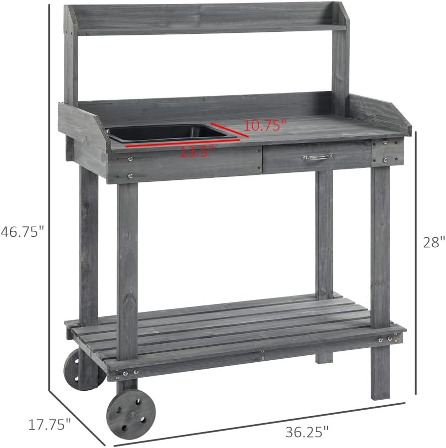 Sturdy Wooden Potting Bench with Removable Sink, Rolling Wheels, Spacious Storage Shelves and Drawer for Garden Workstation Use