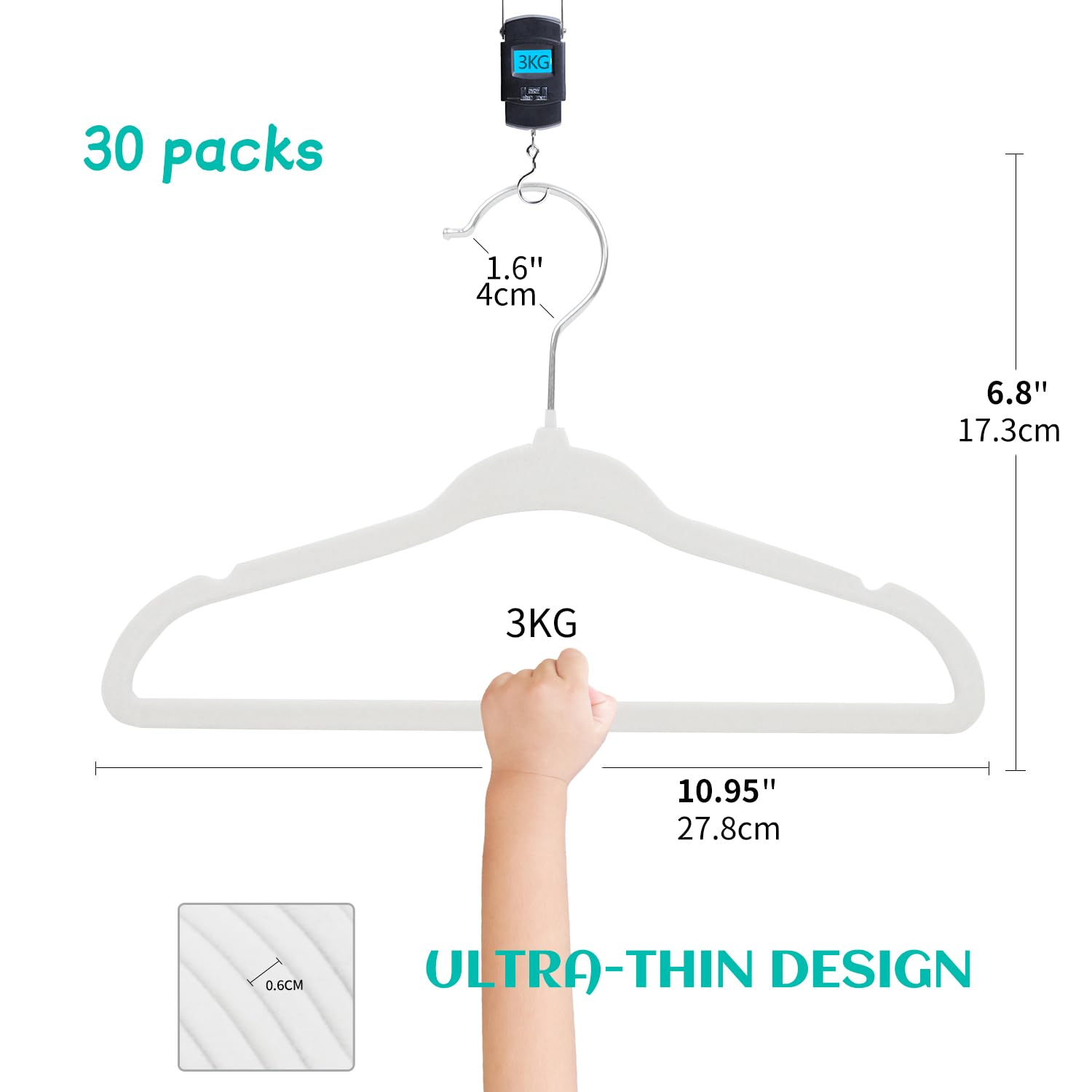 LEMEGA Lot de 30 cintres en Velours pour bébé, avec Design cranté, pour Ultra Fins, Peu encombrants,Crochets pivotants à 360 degrés, cintres antidérapants et durables pour Enfants en Bas âge (Blanc)