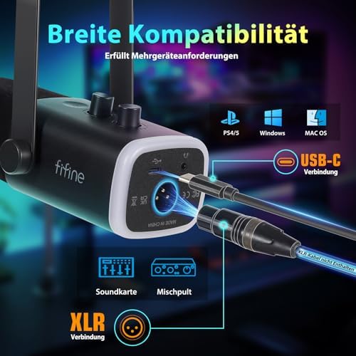 Bild 2 - FIFINE XLR Streaming Mikrofon mit Arm für Podcast Studio, USB Dynamisch Microphone Gaming PC mit Stummschalttaste, für PS4/5 Mac Mixer Soundkarten