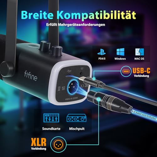 FIFINE XLR Streaming Mikrofon mit Arm für Podcast Studio, USB Dynamisch Microphone Gaming PC mit Stummschalttaste, für PS4/5 Mac Mixer Soundkarten