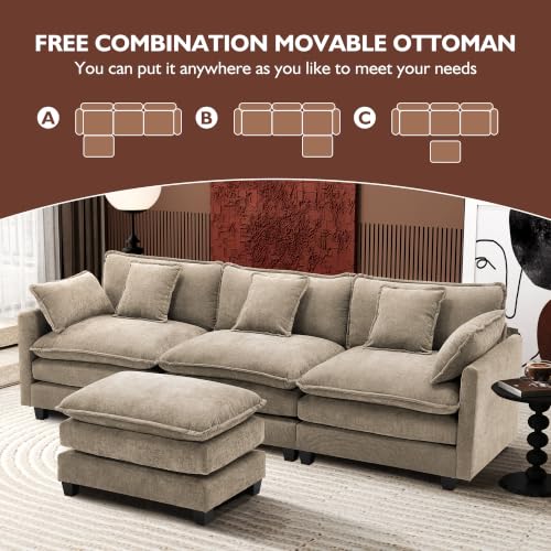 Image of Ihanherry 111.4 inch L Shaped Modern Sofa Modular Sectional Luxurious and Comfortable with Ottoman, 4-Seat Chenille Deep Seat Sofa with Pillow for Living Room, Bedroom and Apartment, Sand