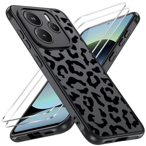 Mkej Hülle kompatibel mit Xiaomi Redmi Note 14 5G Hülle mit 2 Stück Panzer Schutz Glas Aesthetic Leopard Muster Case Matt Transluzente Handyhülle Kratzfeste PC Rückseite +TPU Stoßfest Bumper